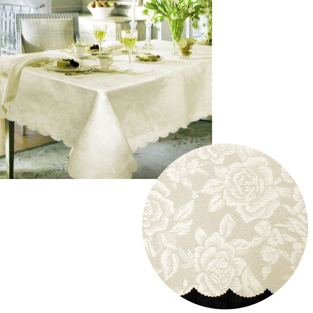 Jacquard Damask Design with Scalloped Edging Table Cloth Cream 150 x 220 cm